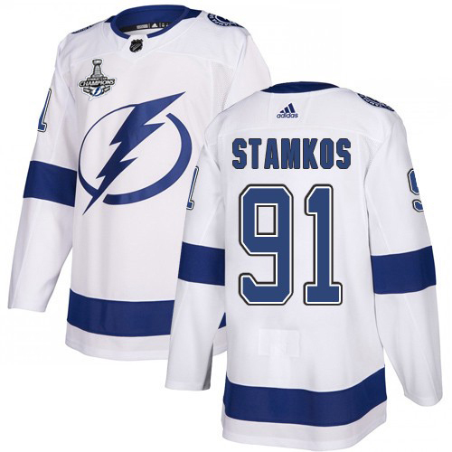 Men Adidas Tampa Bay Lightning #91 Steven Stamkos White Road Authentic 2020 Stanley Cup Champions Stitched NHL Jersey